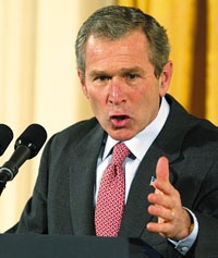 Bush outlines the details of Operation Deep Desert Off! to reporters.